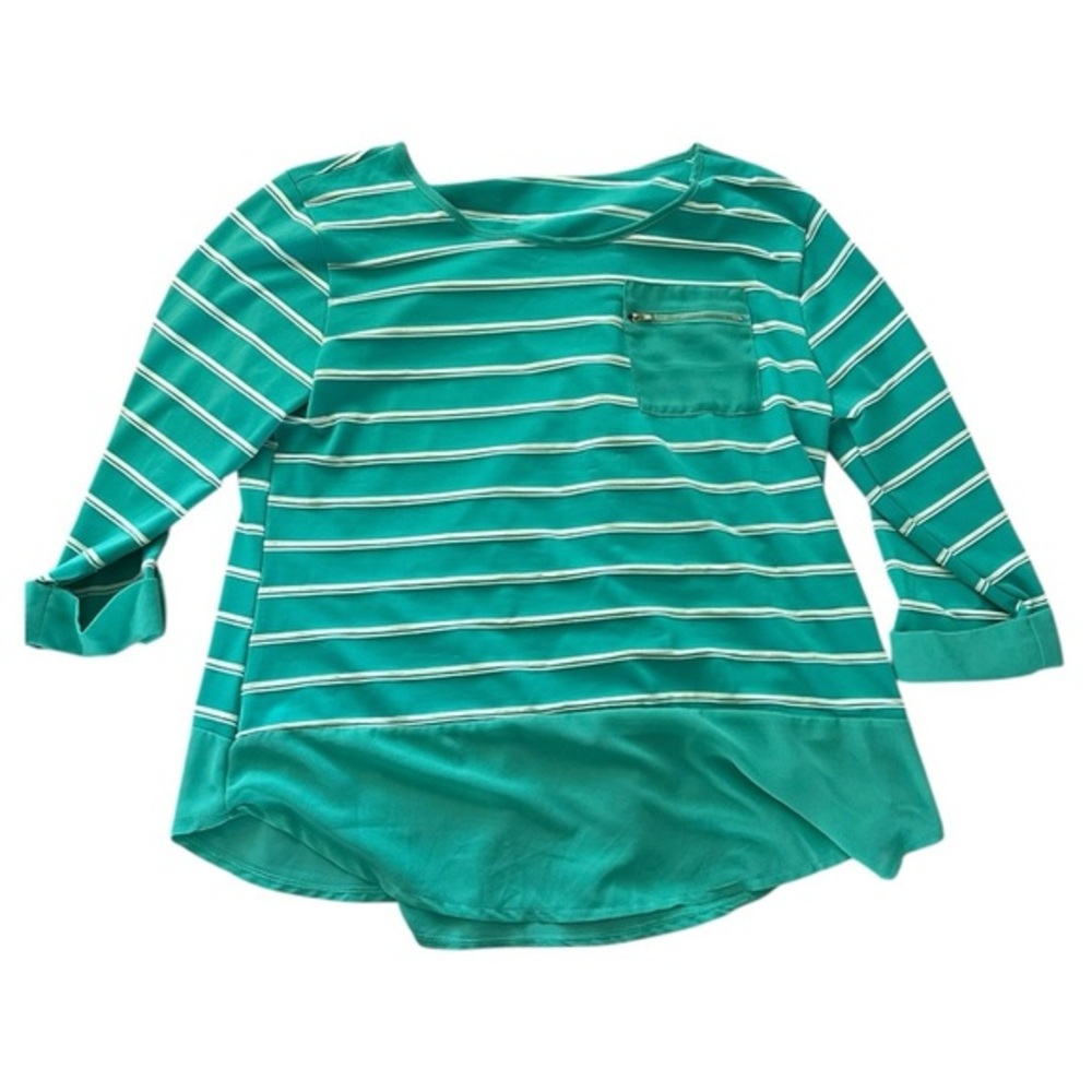 Ashley Blue Green Striped 3/4 Sleeve Tunic Top with Zip Pocket – Size XL‎